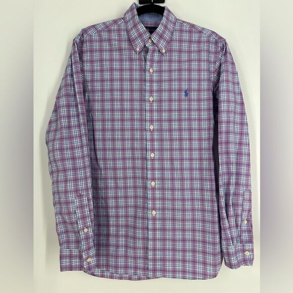 RALPH LAUREN Men’s Pink and Blue Plaid Print Slim Fit Button Down Sz S - Picture 1 of 7